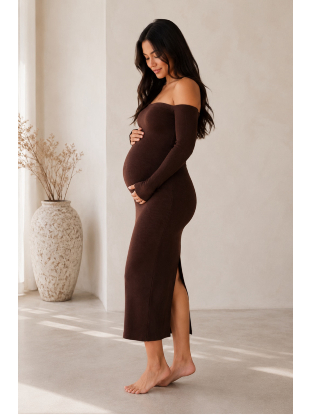 Bumpsuit SCULPTING RIB OFF THE SHOULDER DRESS Sz L Brown NWT‎